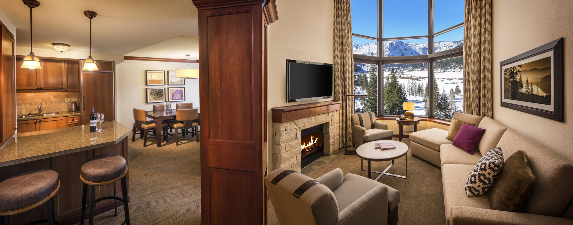Everline two-bedroom penthouse open living, dining, and kitchen